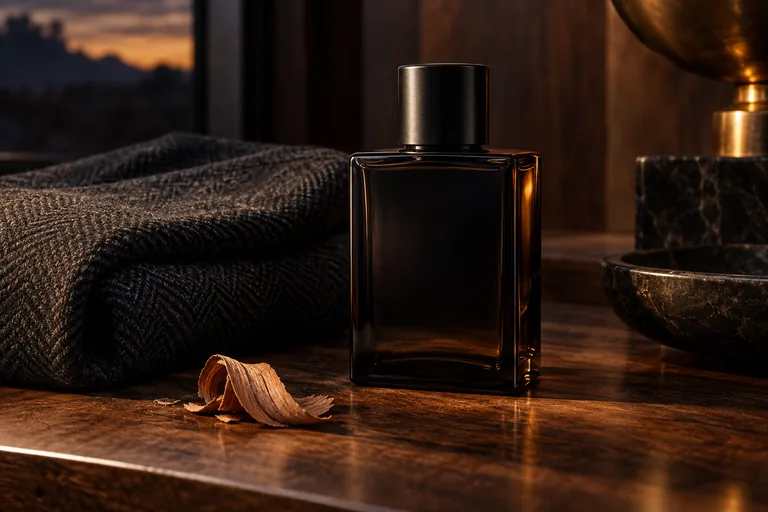 An unbranded dark fragrance bottle beside charcoal wool and cedar.